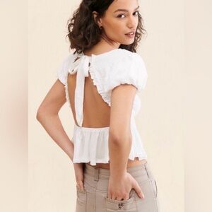 Free People White Tied Open-Back Smocked Babydoll Top